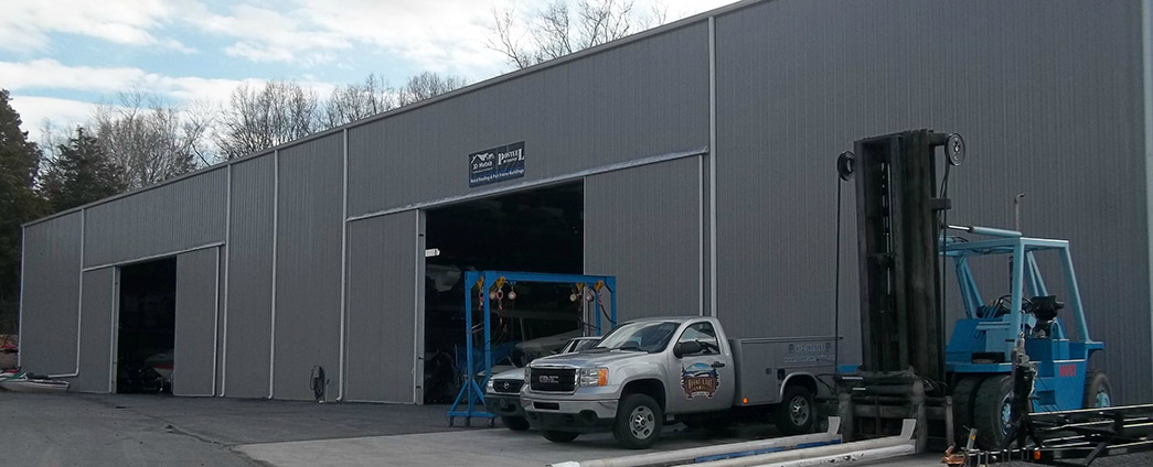 The outside view of a boat storage building